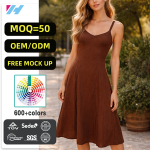 فستان نسائي صيفي كاجوال متوسط الطول من الكتان والقطن عالي الجودة مخصص للبيع بالجملة - Product Image 1