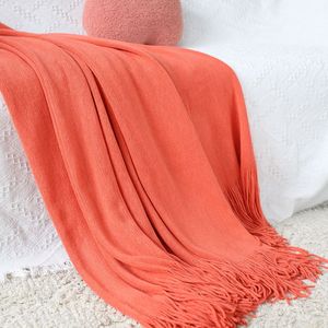 Orange Acrylic Knitted <b>Throw</b> Blanket Soft Woven Warm Cozy Decorative <b>Cover</b> for Couch Bed <b>Sofa</b> with Fringes - Product Image 5