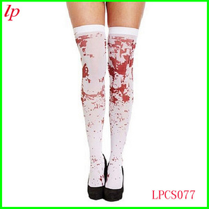 LPCS077 Bas de jambe pour femme, au-dessus du genou, pour Halloween, accessoires de déguisement, impression par transfert thermique, blanc avec motif éclaboussures rouges - Product Image 1