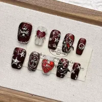Faux ongles gothiques à presser faits à la main, rouges, style western, en amande, ensemble de faux ongles