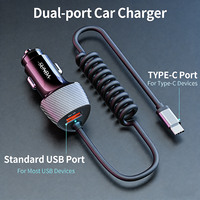 Chargeur de voiture OEM 51W avec câble spiralé de 1,8 m, double port, type C, chargeur de voiture QC3.0, chargeur USB pour voiture