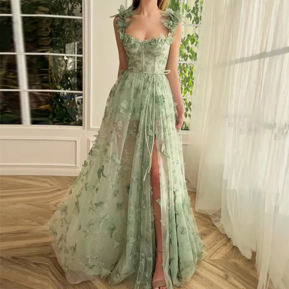 فستان رسمي للمناسبات فساتين حفلات زفاف فساتين سهرة خضراء فاتحة على شكل فراشة على شكل A-line Sweetheart