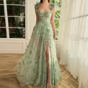 Vestido de festa formal feminino, vestido de baile de casamento, verde claro, para meninas, vestido de noite borboleta linha A