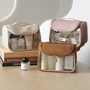 Portátil Cosméticos Organizador Bag PU Couro Transparente TPU Maquiagem Box Case Senhoras Viagem Make Up Armazenamento Sacos