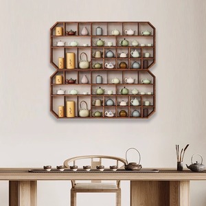 Estante de pared rectangular de madera de paulonia quemada con múltiples compartimentos para exhibir y almacenar juegos de té, ideal para salas de té. - Product Image 4