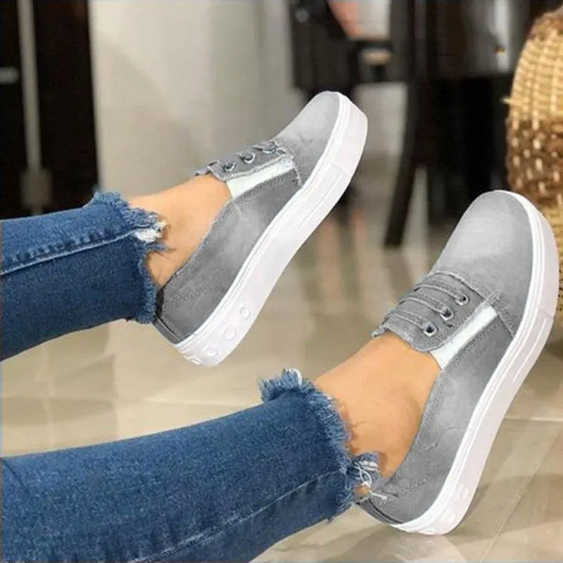 Women Sneakers Denim Blue Lace Up Canvas Slip On Flat Loafers