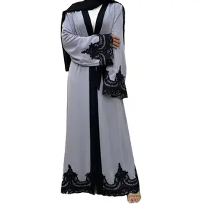 美国欧洲穆斯林女性中庸服装蕾丝边框棕褐色灰色面料abaya带蕾丝袖
