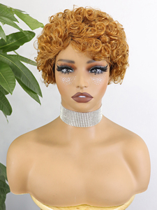 Perruques courtes <span class=keywords><strong>afro</strong></span> bouclées brunes avec frange, 100% <span class=keywords><strong>cheveux</strong></span> humains, pour femmes, <span class=keywords><strong>cheveux</strong></span> brésiliens Remy, perruque colorée coupe pixie - Product Image 3