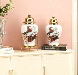 Jars à gingembre en céramique de style romain avec impression de cheval au galop blanc, couvercle en or luxueux pour la décoration moderne du salon - Product Image 6