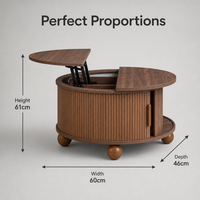 Table basse ronde moderne avec plateau relevable et rangement dissimulé, design cannelé, table centrale en bois pour salon, mobilier intelligent