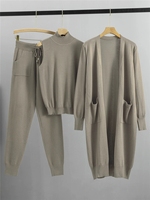 Ensemble trois pièces décontracté en maille pour femme, collection automne-hiver 2026 : cardigan, sous-vêtement et pantalon, motif uni, taille unique