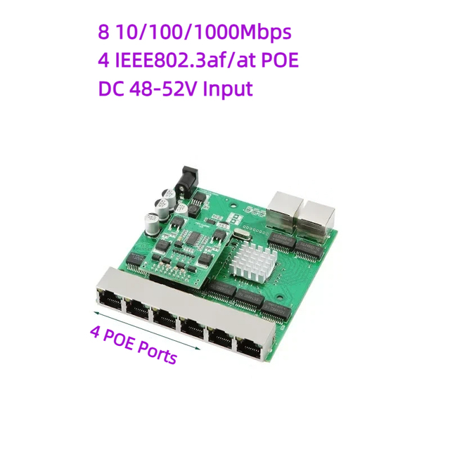 8 RJ45 6 + 2 Ports 10 100 1000Mbps Network Switch Module with 4P Power Over Ethernet 30W Standard IEEE802.af/at POE