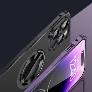 Luxury Matte Metal Magnetic Phone Case For IPhone 14 Pro Max Support Wireless Charging Lens Protective Case Back Cover Logo