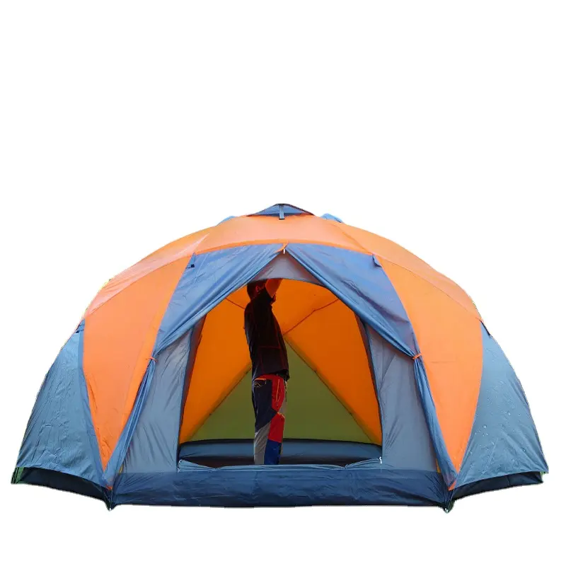 Vente en gros Tente double couche surdimensionnée 3 portes 6 hexagonales Tente manuelle 10 personnes Abri extérieur de camping pour barbecue