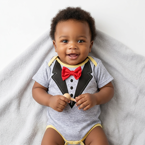 Body de Algodón Suave para Bebé Niño, Gris, Manga Corta, con Estampado de Esmoquin Negro y Lazo Rojo, Cierre a Presión - Product Image 1