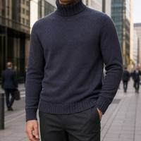 Pull à col roulé pour homme de haute qualité, bleu marine, tricot fin, manches longues, bordure côtelée, usine OEM ODM