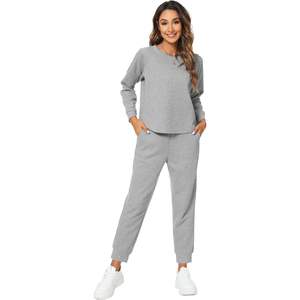 Ensemble de pyjama en tricot gaufré pour femmes, haut à manches longues, pantalon de jogging avec poches, vêtements de détente, vêtements de nuit, tailles S à XXL - Product Image 1