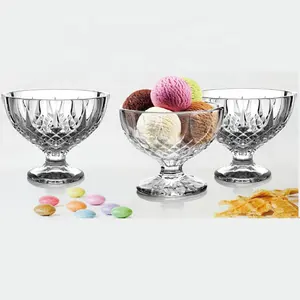 热卖冰淇淋杯杯和带脚玻璃冰淇淋杯托透明碗钻石设计高品质玻璃