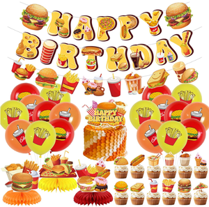 Decoración para Fiesta de Cumpleaños de Comida Rápida: Banderas de <span class=keywords><strong>Hamburguesas</strong></span>, Guirnaldas, Centros de Mesa de Panal, Adornos para Cupcakes y Pasteles, Globos Impresos y Juguetes Decorativos - Product Image 1