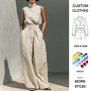 Completo Estivo da <span class=keywords><strong>Donna</strong></span> in Stile Minimalista: Top Senza Maniche con Colletto Alto in <span class=keywords><strong>Lino</strong></span> e Cotone e <span class=keywords><strong>Pantaloni</strong></span> a Gamba Larga a Vita Alta - Product Image 1