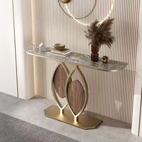 Table Console Simple avec Plateau Long Décoratif en Marbre, Base en Métal Noir et Or pour Salon