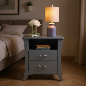 Gray Nightstand With 2 Drawers Open <b>Shelving</b> Elegant <b>Bedroom</b> Furniture Modern Design Wood Top - Product Image 2