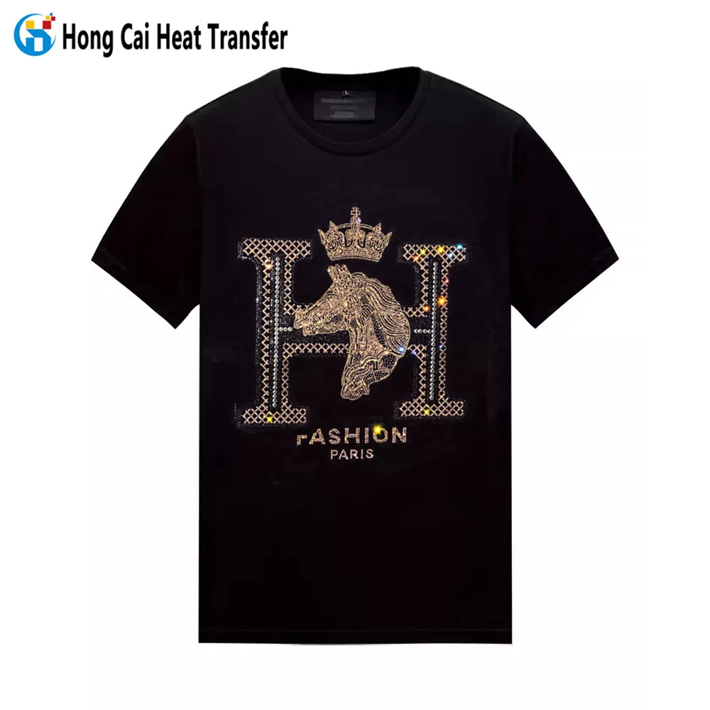 Camiseta de marca de moda con diamantes de imitación Hongcai, camiseta personalizada con transferencia de diamantes de imitación para hombre, Camiseta con estampado de calavera y logotipo personalizado