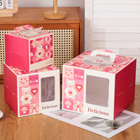 Boîtes rigides écologiques avec poignée portable, imprimé ours de la Saint-Valentin, boîte cadeau en papier pour desserts, fenêtre transparente, emballage carré pour mariage et fête