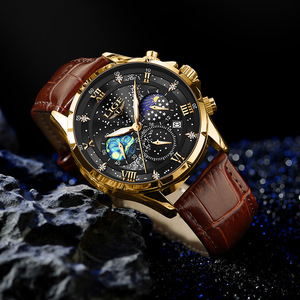 Reloj de Cuarzo Lige Analógico con Fase Lunar, Cronógrafo, Fecha Luminosa, Resistente al Agua 30M, Reloj de Pulsera de Cuero para Hombre - Product Image 2