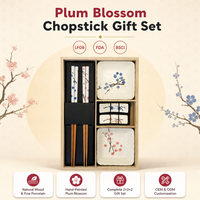 Baguettes japonaises en bois à motifs floraux, 2 paires, avec repose-baguettes en céramique et coupelles à sauce soja, dans un coffret cadeau en bois