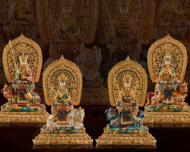 De Vier Grote Bodhisattva 'S Fijn Bronzen Beeld Groot Puur Koperen Verguld Ingelegd Met Edelsteen Boeddha Hal Boeddha Standbeeld