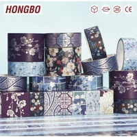 Ruban adhésif Washi Hongbo élégant bleu profond pour agenda DIY, autocollants floraux vintage aux tons froids, PVC imperméable