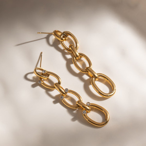 Drop Earrings 18K Gold Stainless Steel White Rhinestone Tassel Geometric Design Claw Setting JDE0311106 - Product Image 4