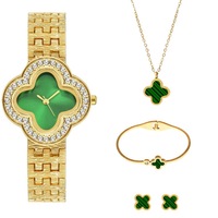 Set Jam Tangan Mewah Terbaru Jam Tangan Quartz untuk Wanita Dial Bentuk Bunga 4 PCS Gelang Kalung Anting Set Jam Tangan Wanita