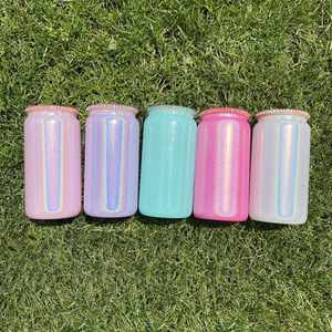 Livraison Gratuite – Nouvelle Canette en Verre Scintillante Blanche 16oz avec Effet Arc-en-ciel, Strass et Couvercle en Bambou - Product Image 1