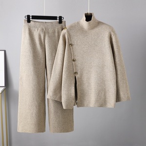 Blubelle 2025 Winter New Casual Women's Turtleneck Solid <strong>Knitted</strong> Button Woven 2-Piece Set Split <strong>Hem</strong> <strong>Sweater</strong> + Wide-Leg Pants - Product Image 5