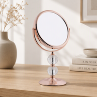 Miroir de table double face en or rose avec tige ornée de perles de cristal, miroir de maquillage de luxe en métal rond pour coiffeuse