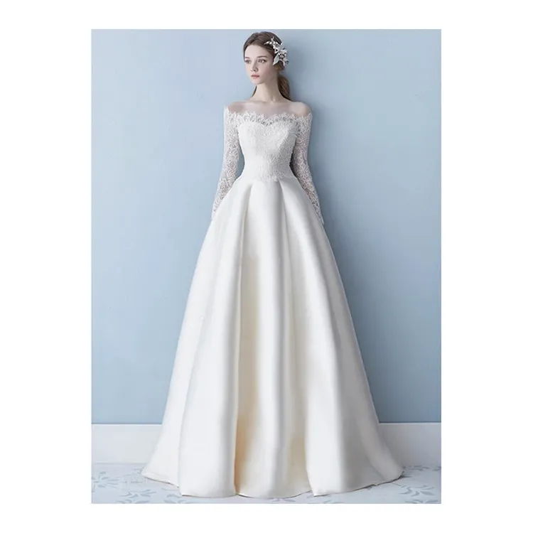 Elegant And Luxurious Wedding Dress One Shoulder Embroidered Appliques Silk Long Sleeves Wedding Princess Dress