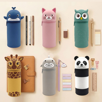 Trousse à crayons télescopique pliable en silicone avec fermeture éclair, motif animal de dessin animé mignon, grande capacité, pour étudiants, rangement de papeterie
