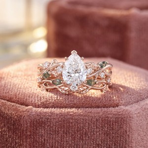 Pear Shaped Moissanite Engagement <strong>Ring</strong> Tufted <strong>Mosses</strong> <strong>Agate</strong> Bridal Set 925 Sterling Silver Leaf Branches Stacked Wedding <strong>Ring</strong> - Product Image 4
