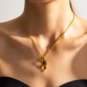 Collar de acero inoxidable chapado en oro de 18 quilates, collar con colgante de disco de aceite de gota de colores redondos de ópalo para mujer