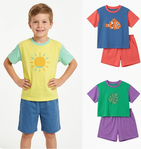 Ensemble de vêtements pour enfants en coton à col rond pour l'été, motifs imprimés variés, vente en gros, état neuf - Product Image 1