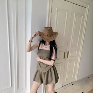 Conjunto de Falda Mini de Cintura Alta y Top sin Tirantes de Lona Vintage, Dulce y Fresco, para Mujer, Verano, Casual, Poliéster, Moda - Product Image 4