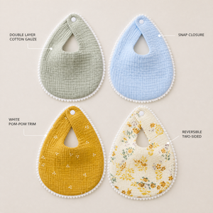 Kaiyue Cotton Gauze Baby Bib <strong>Double</strong> Layer Drool Bib With Pom Pom Trim Reversible Bandana Bibs Wholesale OEM ODM Supplier - Product Image 1