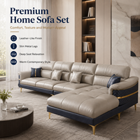 Sofá Seccional en Forma de L con Chaise Longue, Tapizado en Dos Tonos Azul Marino y Beige, Patas Doradas, para Sala de Estar, Hotel, Apartamento u Oficina
