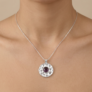 Classic Round Amethyst Quartz Pendant Necklace with Hammered Texture Silver Plated <b>Box</b> Chain Unisex Everyday Jewelry Necklace - Product Image 1