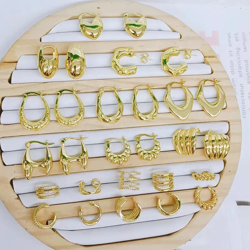 Luxo Moda Design 18 K Banhado A Ouro Geometria Gold Statement Brass Hoops Button Stud Earrings Para Mulheres