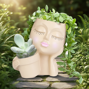 Maceta de resina con forma de cabeza de dama, doble apertura con orificio de drenaje para plantar flores, suculentas y cactus en interiores y exteriores. - Product Image 2