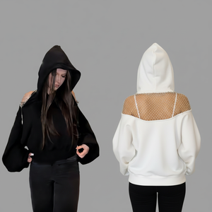 Abbigliamento Femminile, Felpa <span class=keywords><strong>Oversize</strong></span> con Strass e Rete Traforata sulle Spalle, Maniche a Pipistrello, Vestiti Sexy per Donne - Product Image 1