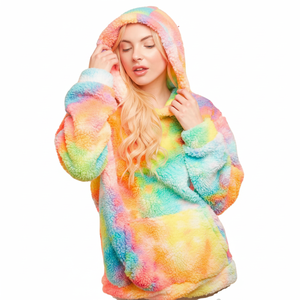 Venta al por mayor de moda personalizada Arco Iris Tie Dye Sudadera con capucha de algodón de invierno sudadera de alta calidad de lana de cordero sudaderas con capucha para mujer - Product Image 1